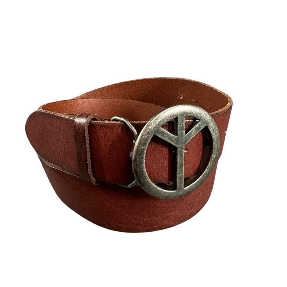 American Eagle Brown Leather Peace Sign Buckle Belt Mens Medium Boho Retro